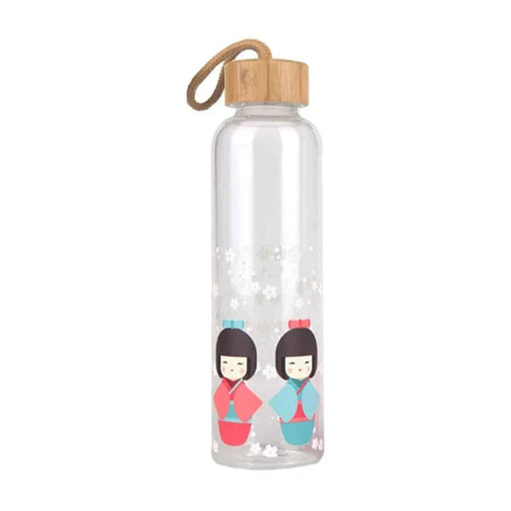 Vibrant glass water bottle with colourful print design and eco-friendly bamboo lid