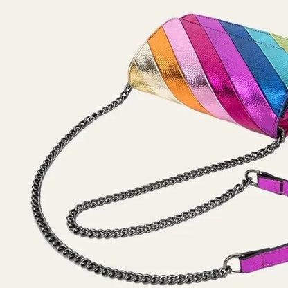 Stylish striped flap handbag with chic metal chain in vibrant colours, perfect for everyday use and special occasions.