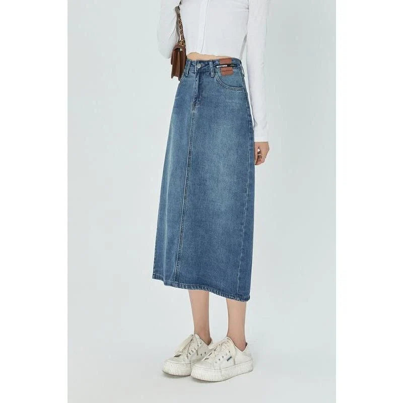 Timeless and Comfortable Kiwi-Chic A-Line Midi Denim Skirt - A versatile and stylish denim skirt with a classic A-line silhouette and mid-calf length