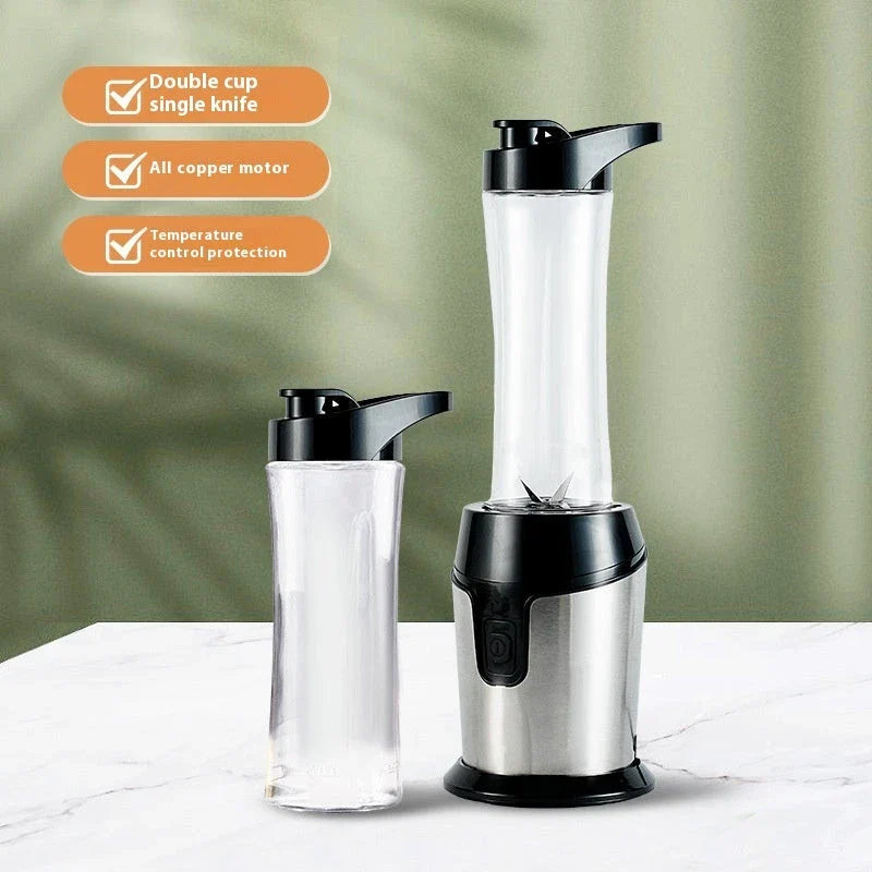 Versatile Juicer and Food Processor with stainless steel construction, compact design, and travel-friendly cup