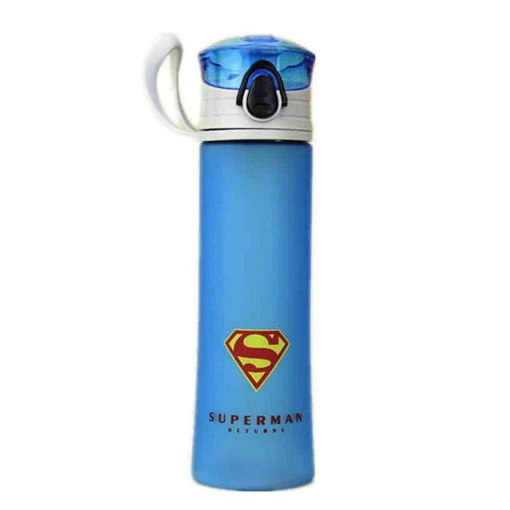 Portable fitness water bottle with a colourful superhero print, designed for active Kiwi lifestyles