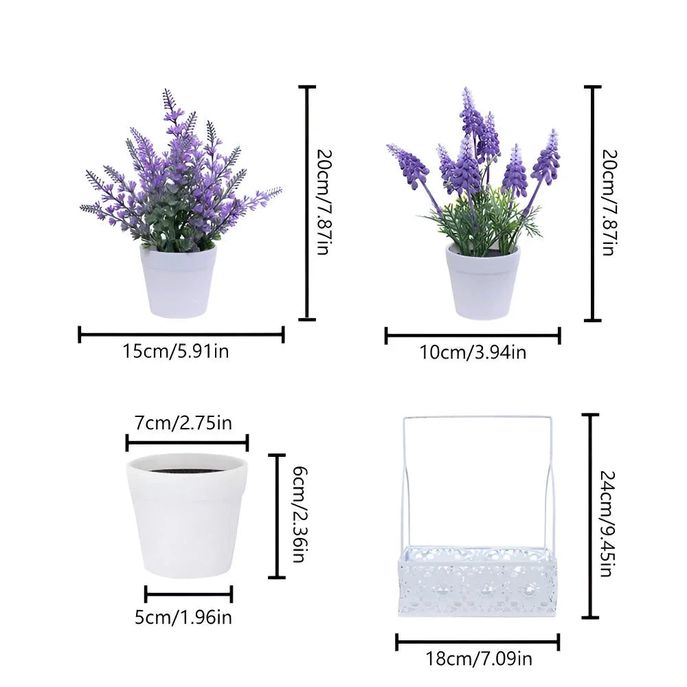 Artificial lavender arrangement in a rustic iron flower basket, creating a serene and natural décor piece for the home