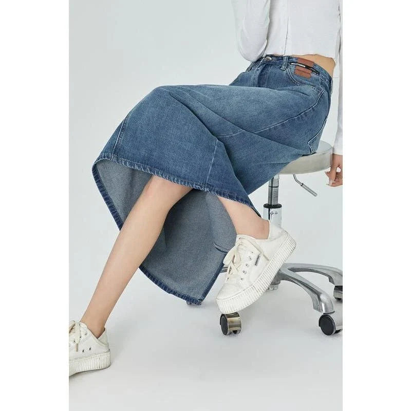 Timeless and Comfortable Kiwi-Chic A-Line Midi Denim Skirt - A versatile and stylish denim skirt with a classic A-line silhouette and mid-calf length