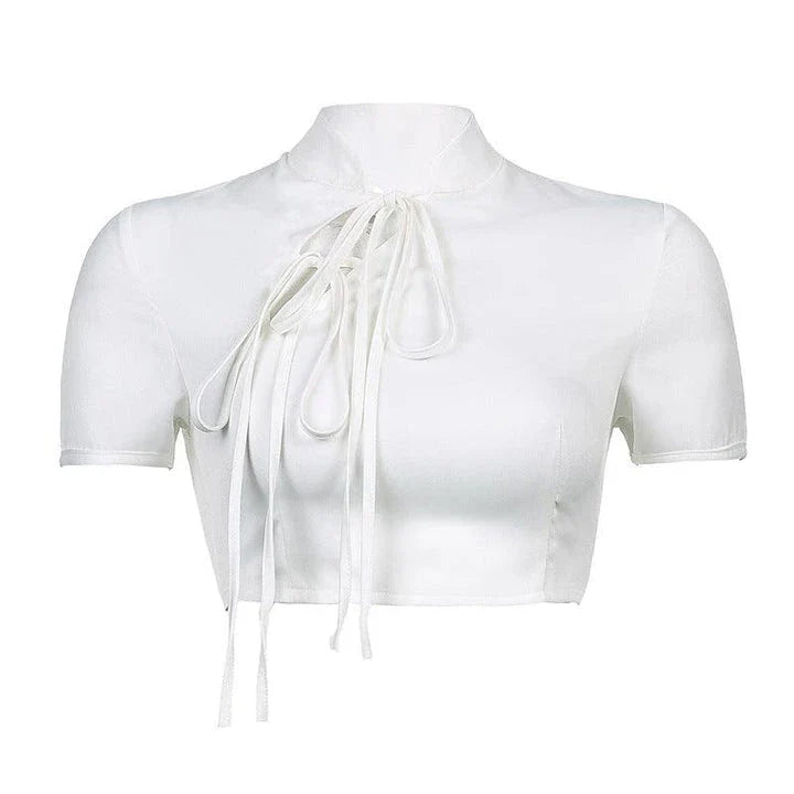 Stylish Hong Kong-inspired suit set with lace-up cheongsam collar and high-waist skirt in white polyester fabric