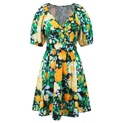 Floral print Y2K summer beach dress with lantern sleeves, v-neck, and stretchy waistline