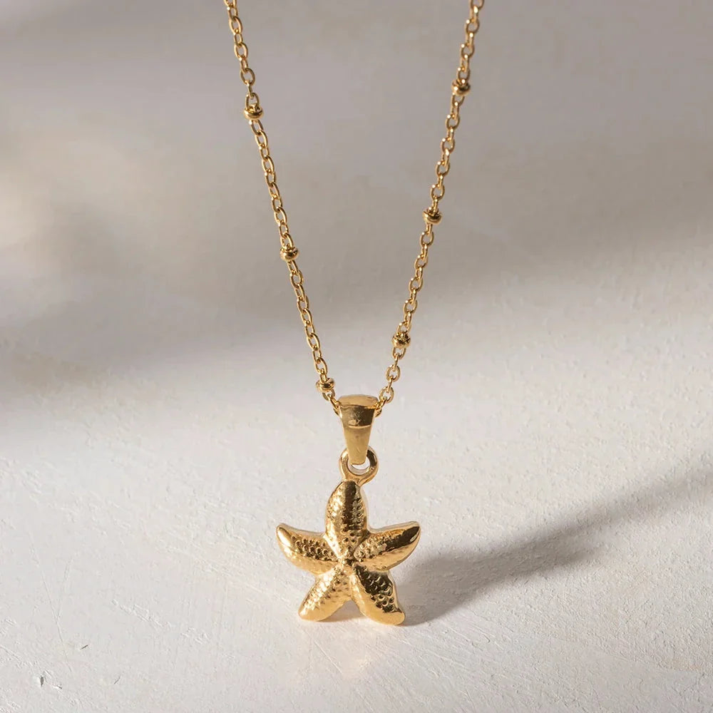 18K gold plated starfish pendant necklace with tarnish-proof stainless steel construction for timeless seaside elegance