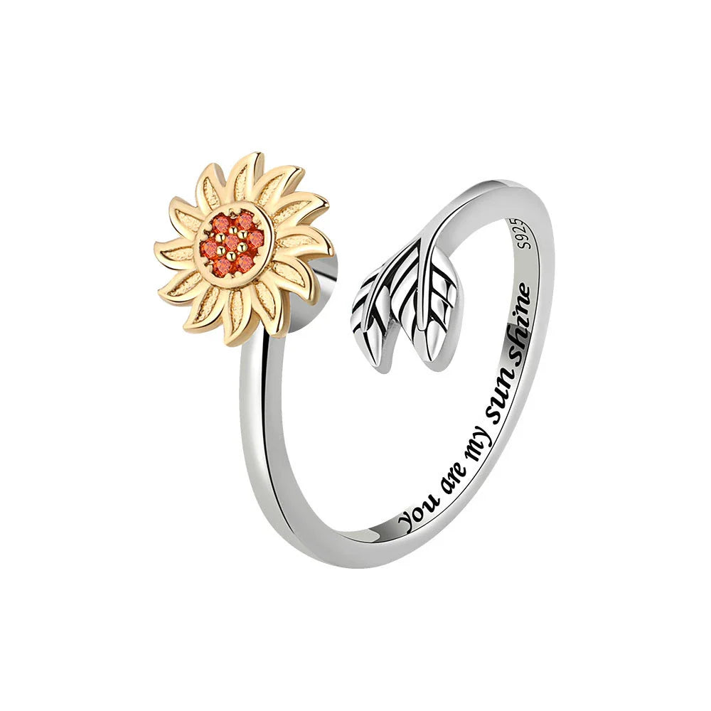 Sunflower-inspired adjustable ring made from premium silver with an electroplated finish