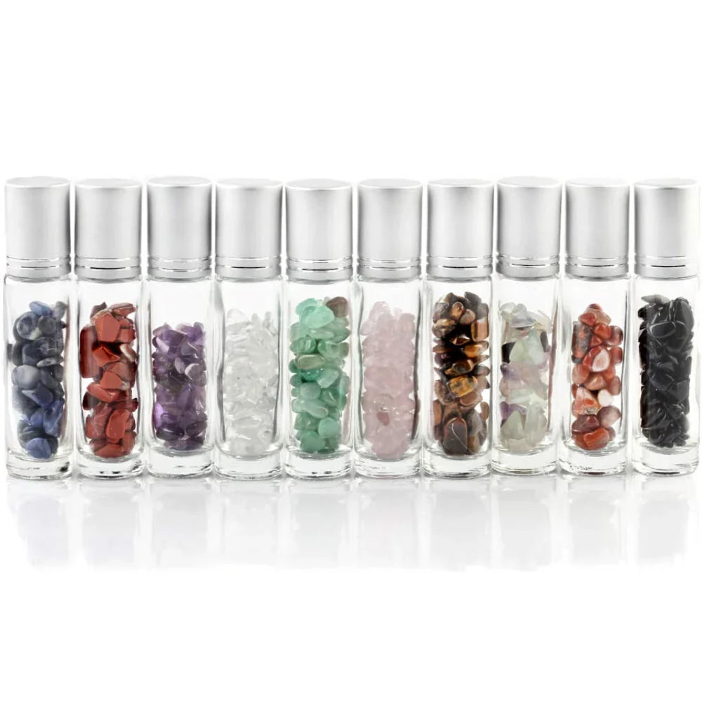 10ml Natural Gemstone Essential Oil Roller Bottles with Jade Rollers and Crystal Chips