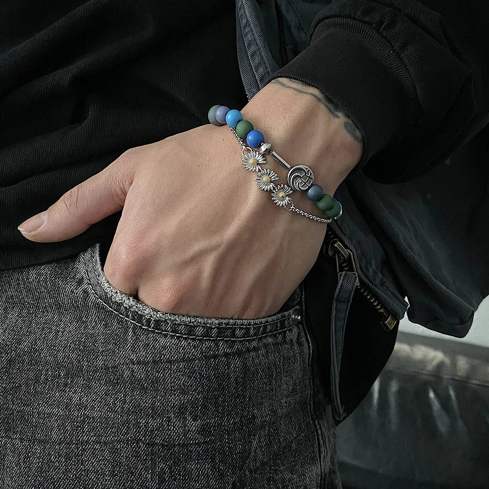 Stylish titanium steel bead bracelet with a vibrant blue patchwork design, a fashionable accessory for Kiwi women