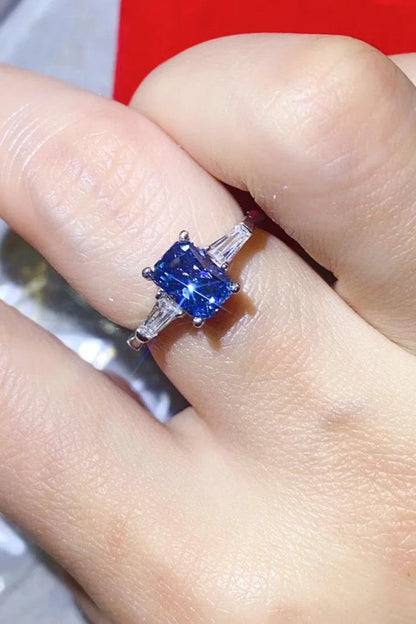 Elegant 1 Carat Moissanite Platinum-Plated Blue Rectangle Ring with Zircon Accent Stones