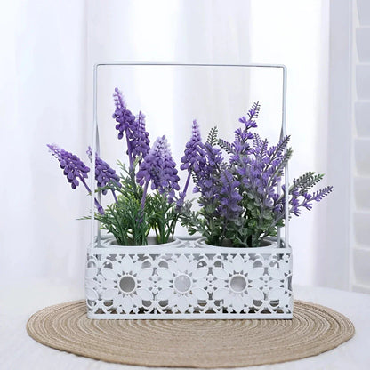 Artificial lavender arrangement in a rustic iron flower basket, creating a serene and natural décor piece for the home