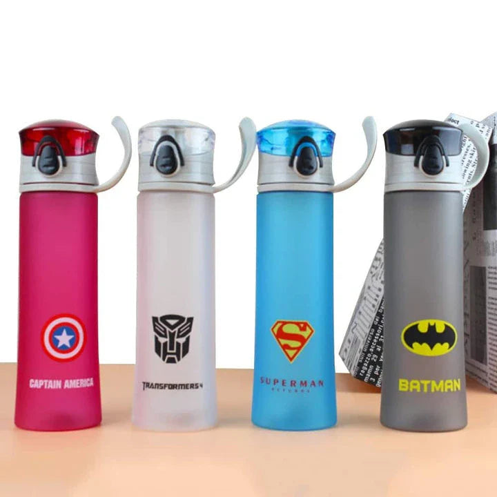 Portable fitness water bottle with a colourful superhero print, designed for active Kiwi lifestyles