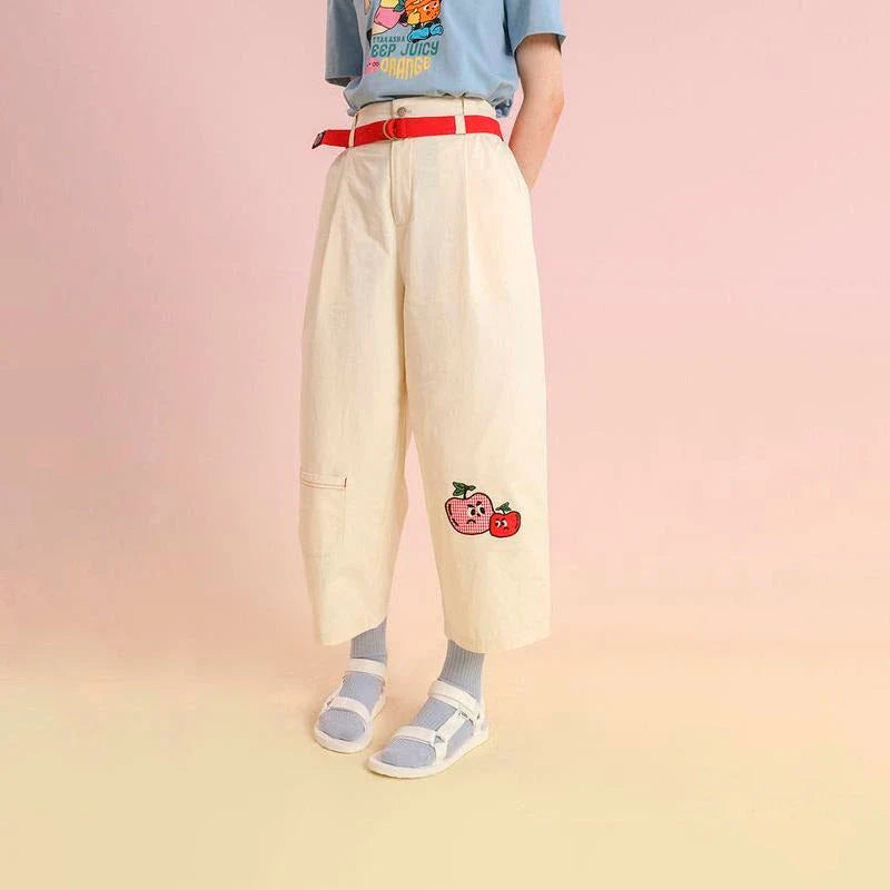 High-waist cotton capri trousers with cartoon fruit embroidery, perfect for casual New Zealand style