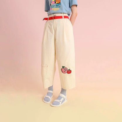 High-waist cotton capri trousers with cartoon fruit embroidery, perfect for casual New Zealand style