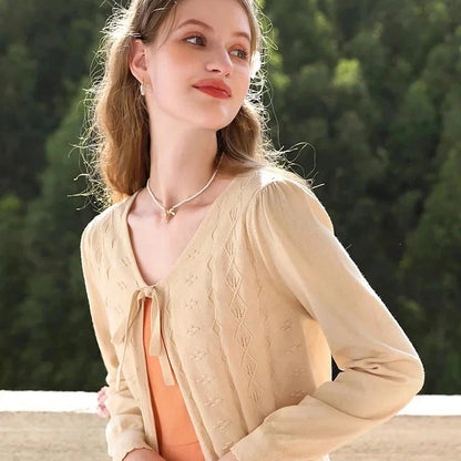 Apricot V-Neck French Knit Cardigan with Geometric Jacquard Pattern and Full-Length Sleeves