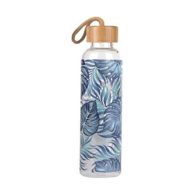 Vibrant glass water bottle with colourful print design and eco-friendly bamboo lid