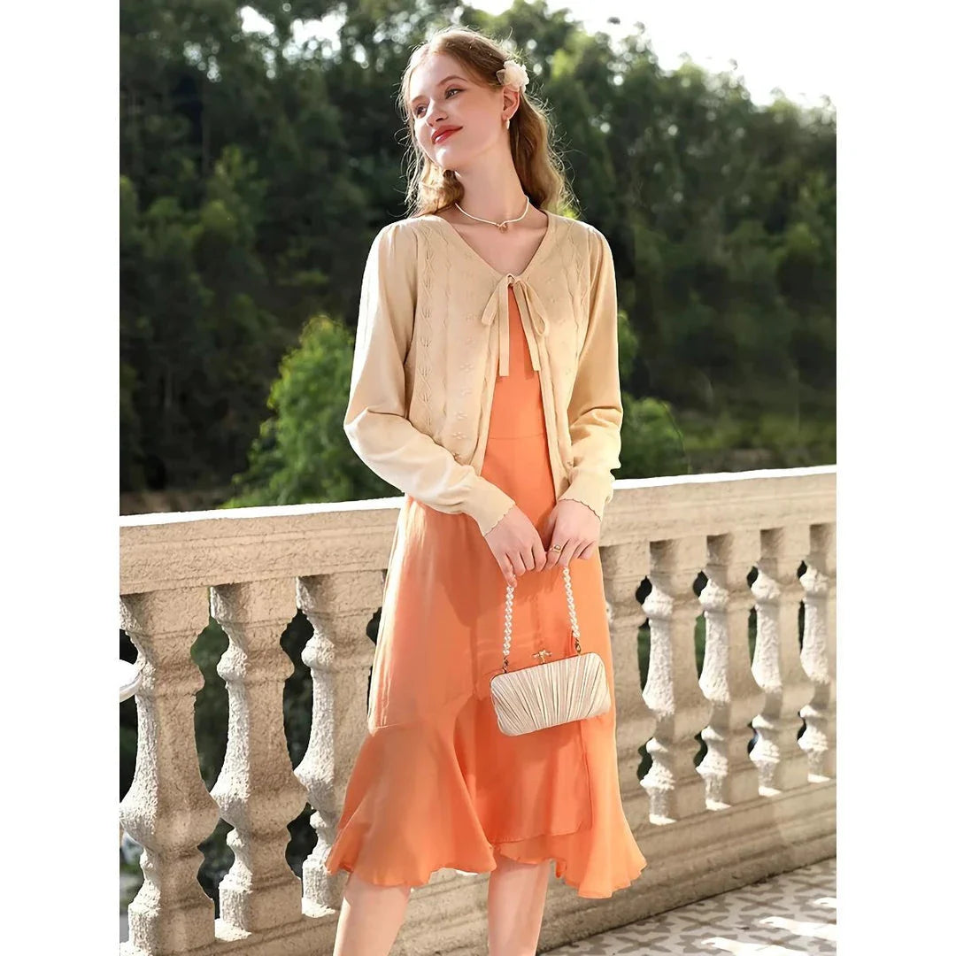 Apricot V-Neck French Knit Cardigan with Geometric Jacquard Pattern and Full-Length Sleeves