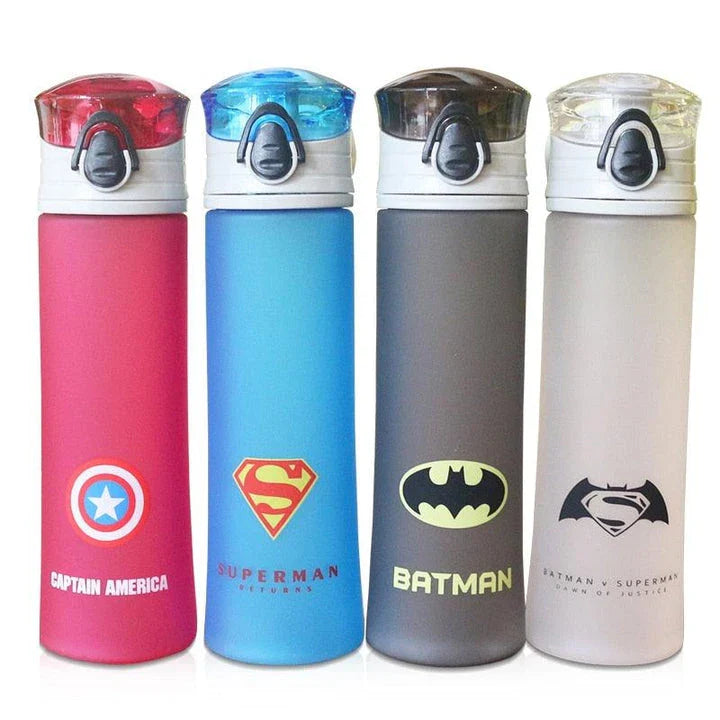 Portable fitness water bottle with a colourful superhero print, designed for active Kiwi lifestyles