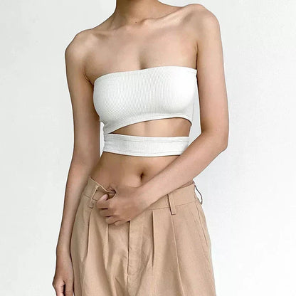 Summer Chic Hollow Out Crop Top in white, featuring a unique hollow-out design and slash-neck style for a stylish, comfortable fit.