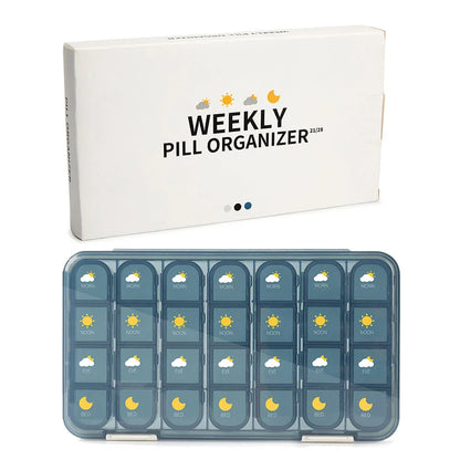 Weekly pill organiser with 28 compartments for storing daily medications, vitamins, and supplements