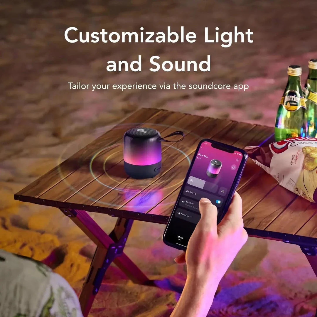 Glow Mini 360° surround sound portable speaker with synchronized light show for parties and outdoor activities