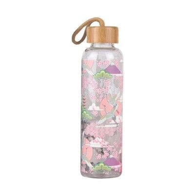 Vibrant glass water bottle with colourful print design and eco-friendly bamboo lid