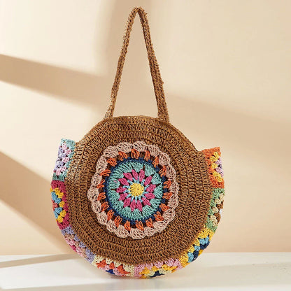 Colorful woven casual beach shoulder bag with unique crochet design and vibrant stripes