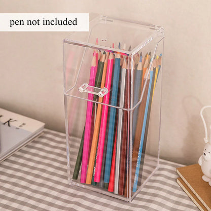 Versatile Clear Acrylic Pen and Makeup Brush Organiser for Desk or Vanity, Transparent Design with Lid