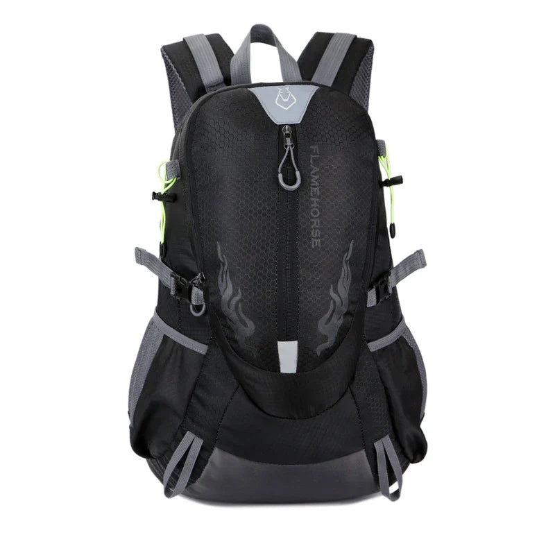 A versatile outdoor backpack made of waterproof nylon, featuring a dedicated laptop compartment, breathable mesh back panel, and adjustable straps for comfort and organization.