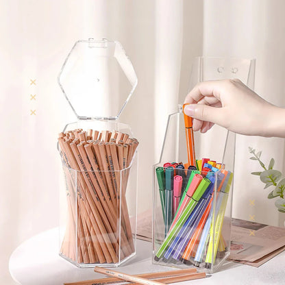 Versatile Clear Acrylic Pen and Makeup Brush Organiser for Desk or Vanity, Transparent Design with Lid