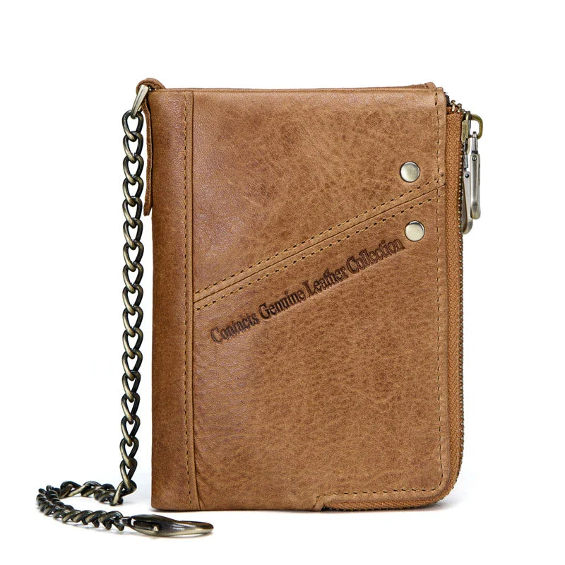 Premium cowhide leather coin purse with double-zipper closure, ideal for Kiwi blokes to organise their coins, cards, and other small essentials