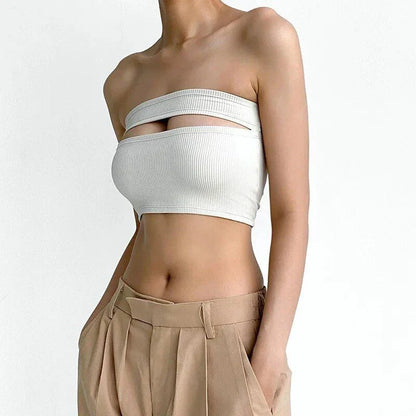 Summer Chic Hollow Out Crop Top in white, featuring a unique hollow-out design and slash-neck style for a stylish, comfortable fit.