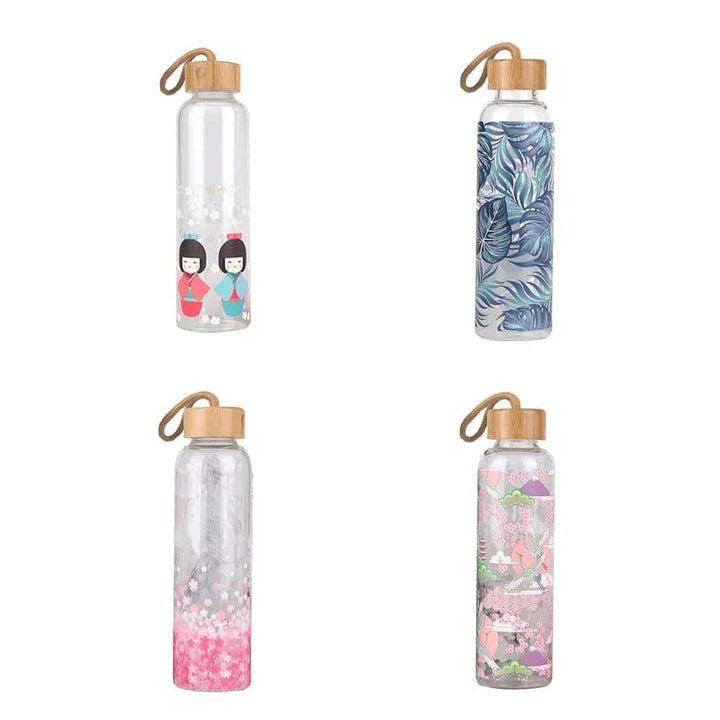 Vibrant glass water bottle with colourful print design and eco-friendly bamboo lid