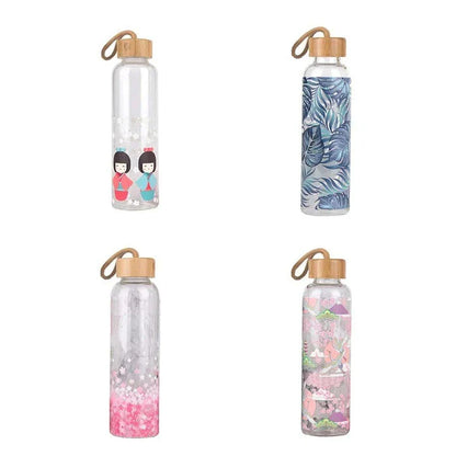 Vibrant glass water bottle with colourful print design and eco-friendly bamboo lid