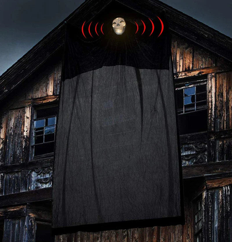 Voice-activated Halloween hanging ghost with glowing eyes, spooky lighting, and creepy sound effects