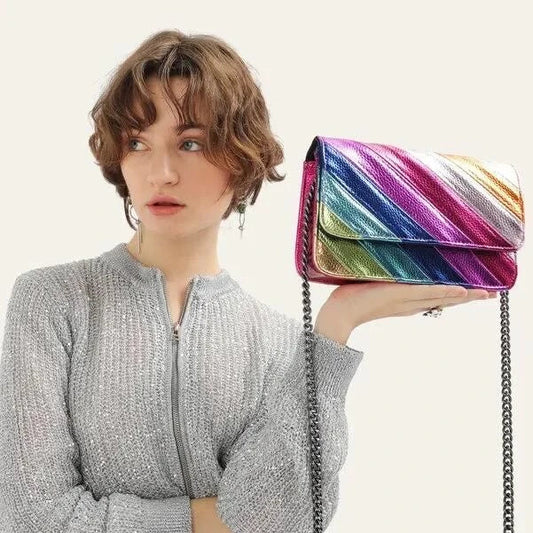 Stylish striped flap handbag with chic metal chain in vibrant colours, perfect for everyday use and special occasions.