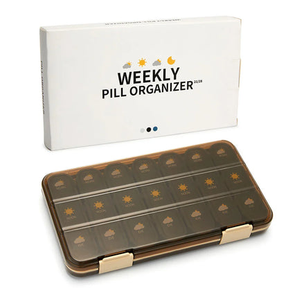 Weekly pill organiser with 28 compartments for storing daily medications, vitamins, and supplements