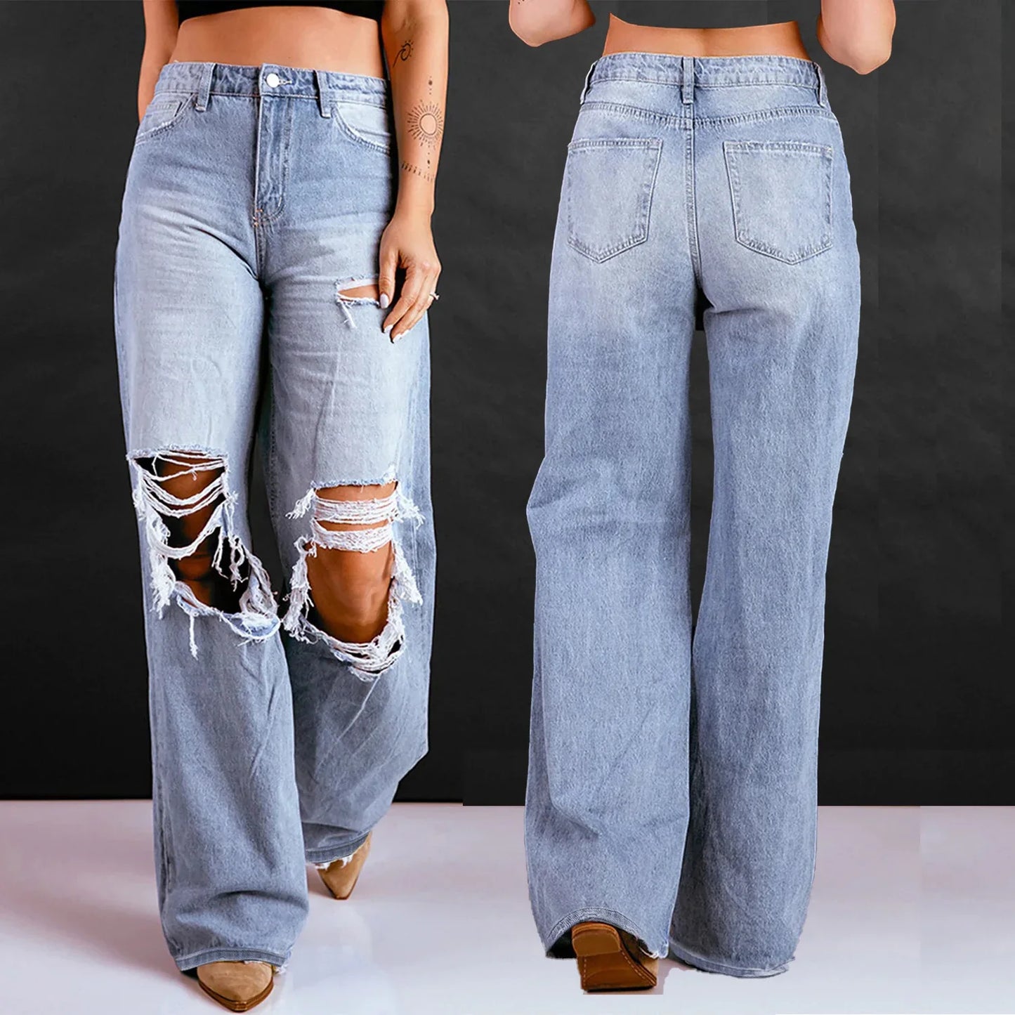 Sustainable Straight-Leg Denim Trousers in a classic blue wash, featuring a high-waisted design and relaxed, flattering fit