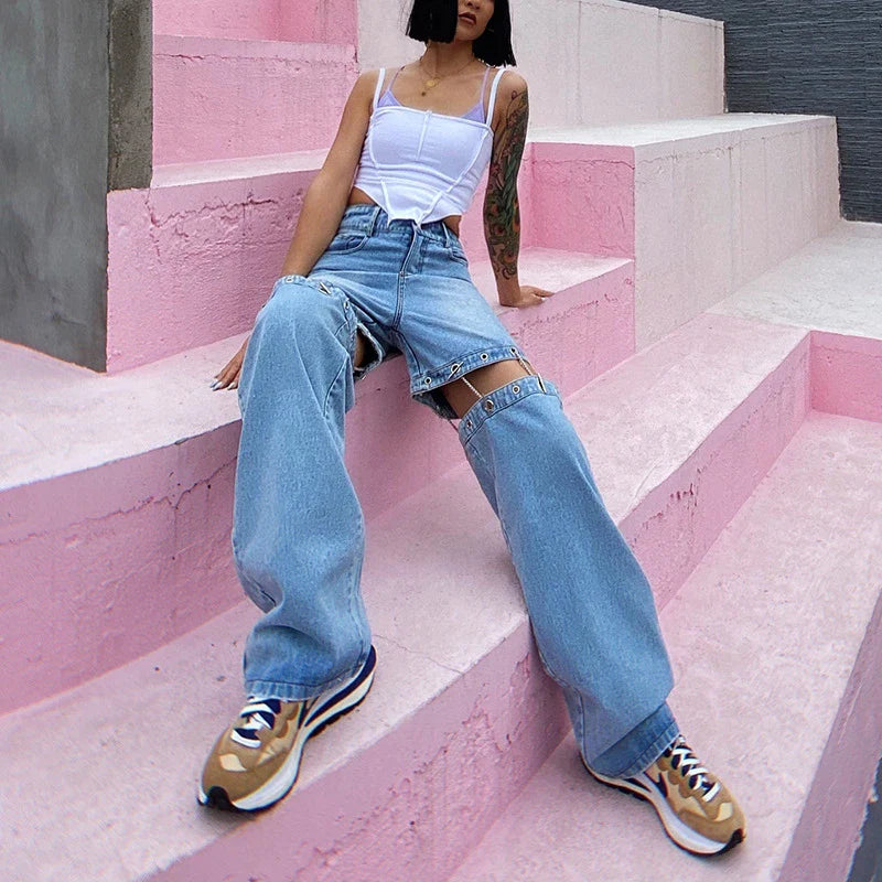 Wide-leg denim pants in classic blue, featuring a high-waisted, flattering silhouette and slightly elastic waistband for Kiwi-cool comfort and style.