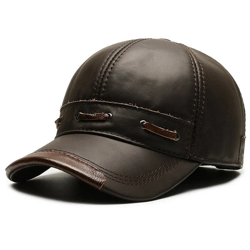 A classic retro-inspired peaked cap made from premium cowhide, providing windproof and thermal protection for Kiwi men.