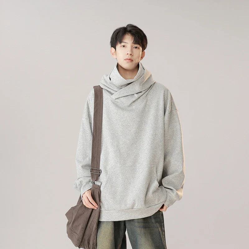 Hooded pullover sweater in snow gray, cloud gray, god gray, and matte black colors with a mechanical-inspired design for men and women