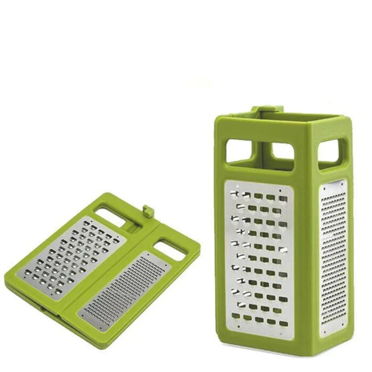 Premium stainless steel foldable cheese grater with ergonomic rubber handle for easy grating, slicing, and shredding of cheese, vegetables, and more