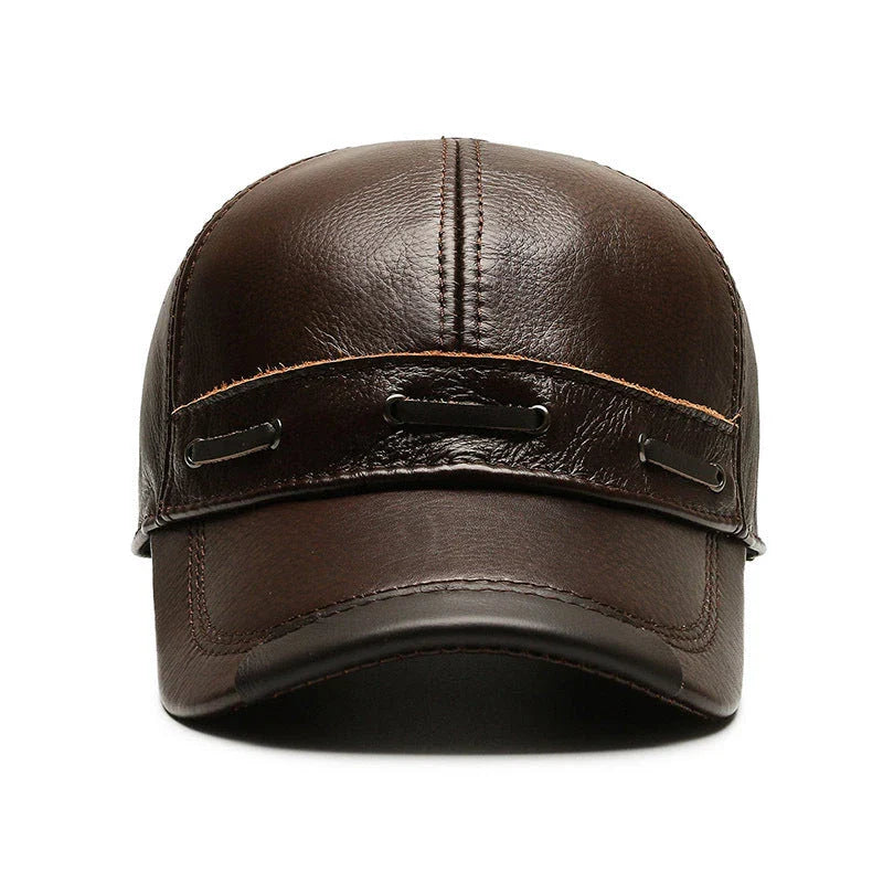 A classic retro-inspired peaked cap made from premium cowhide, providing windproof and thermal protection for Kiwi men.