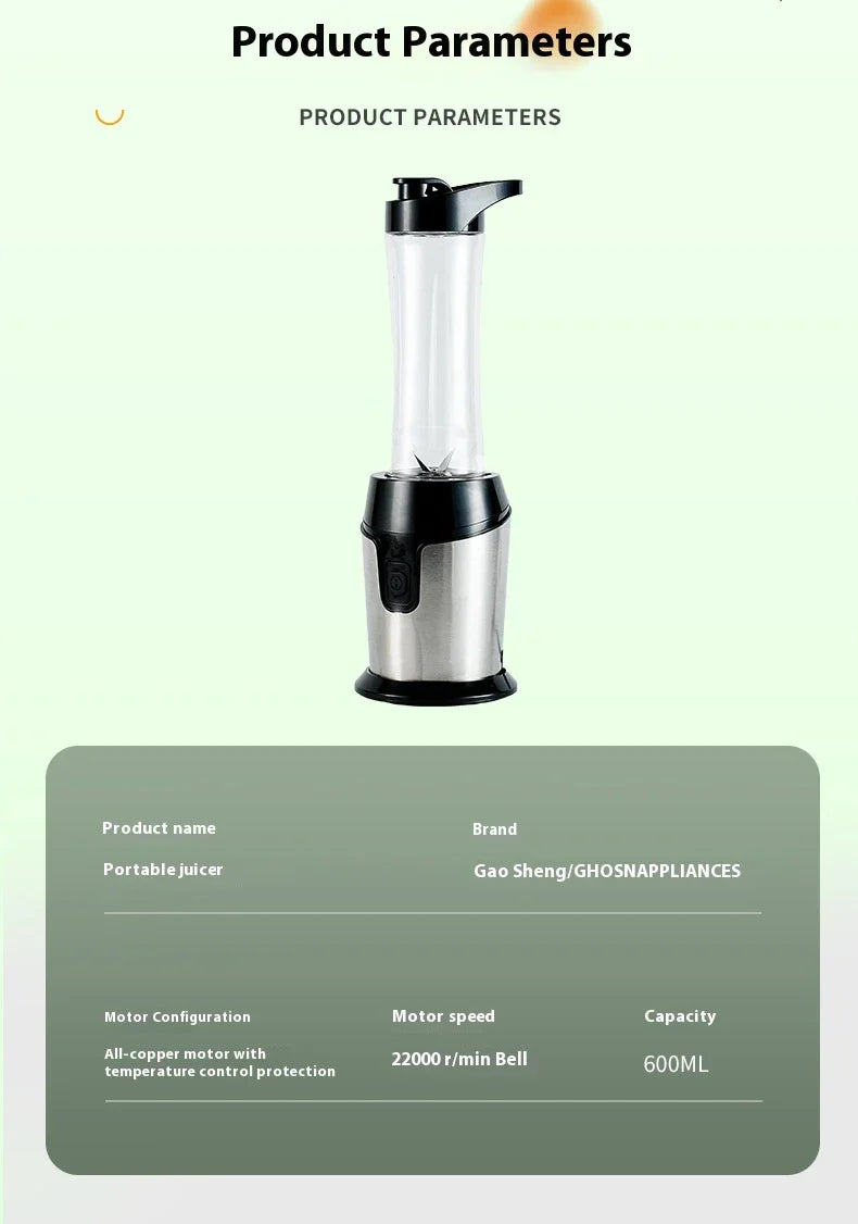 Versatile Juicer and Food Processor with stainless steel construction, compact design, and travel-friendly cup