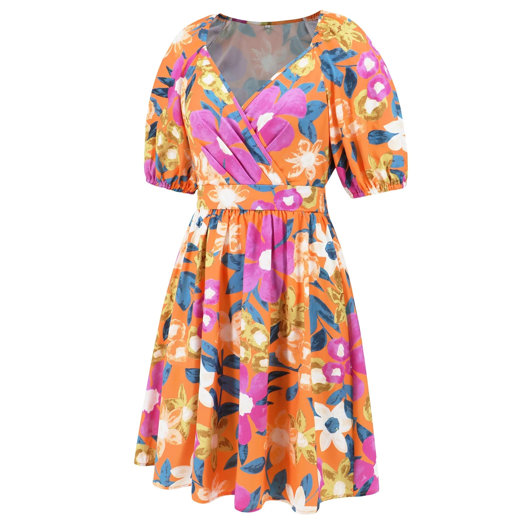 Floral print Y2K summer beach dress with lantern sleeves, v-neck, and stretchy waistline