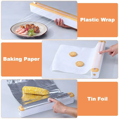 Versatile magnetic kitchen wrap dispenser with slide cutter for managing cling film, foil, and baking paper in a Kiwi kitchen