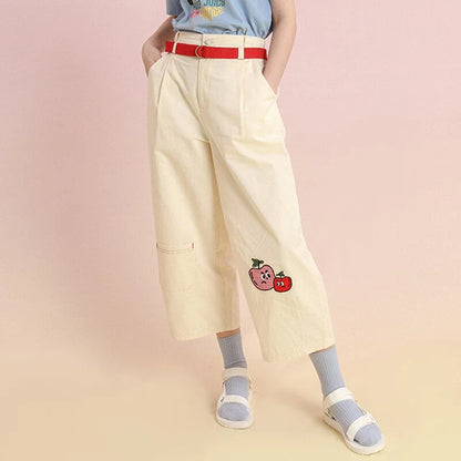 High-waist cotton capri trousers with cartoon fruit embroidery, perfect for casual New Zealand style