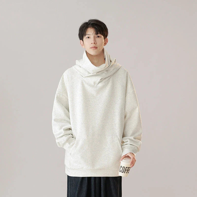 Hooded pullover sweater in snow gray, cloud gray, god gray, and matte black colors with a mechanical-inspired design for men and women