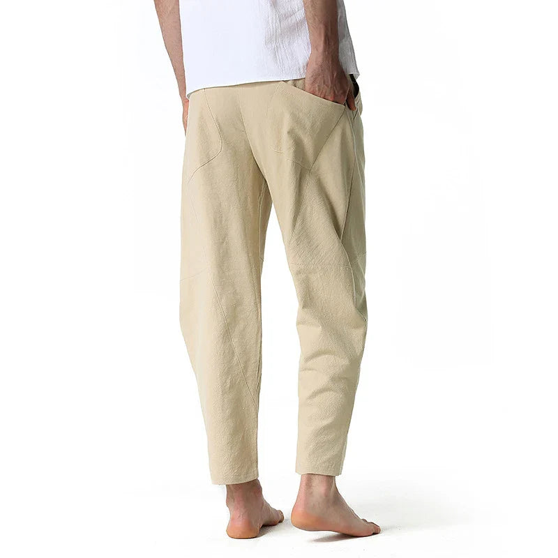 Kiwi-made casual trousers in a linen-cotton blend, featuring a relaxed, straight-leg fit and a variety of classic Kiwi colours.