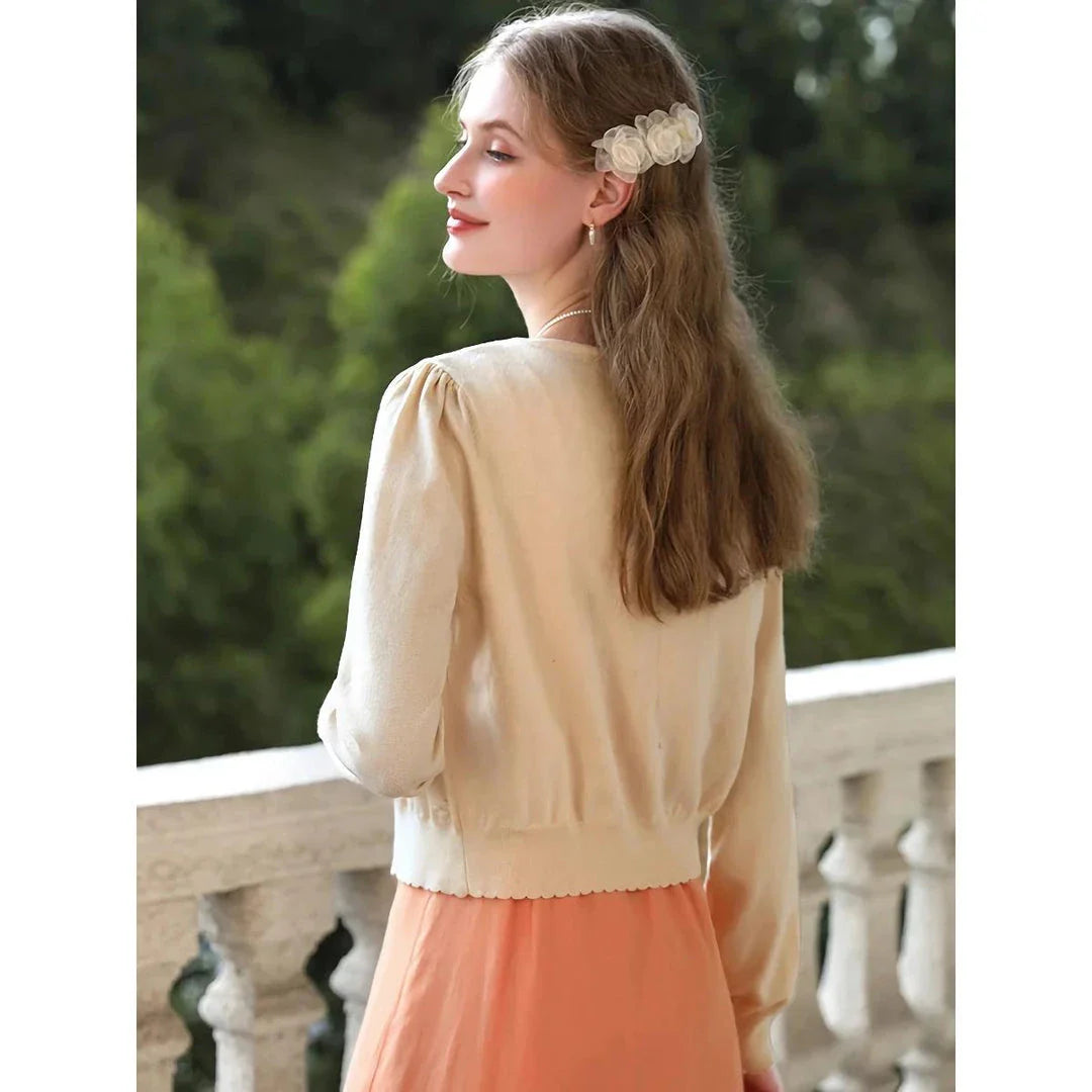 Apricot V-Neck French Knit Cardigan with Geometric Jacquard Pattern and Full-Length Sleeves